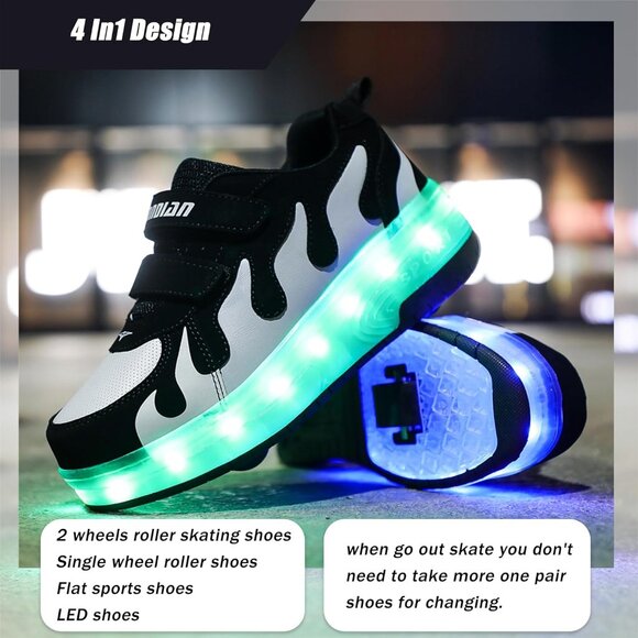 Kids Black/white Usb Chargeable Led Light Up Wheeled Skate Sneaker Shoes - Picture 5 of 6